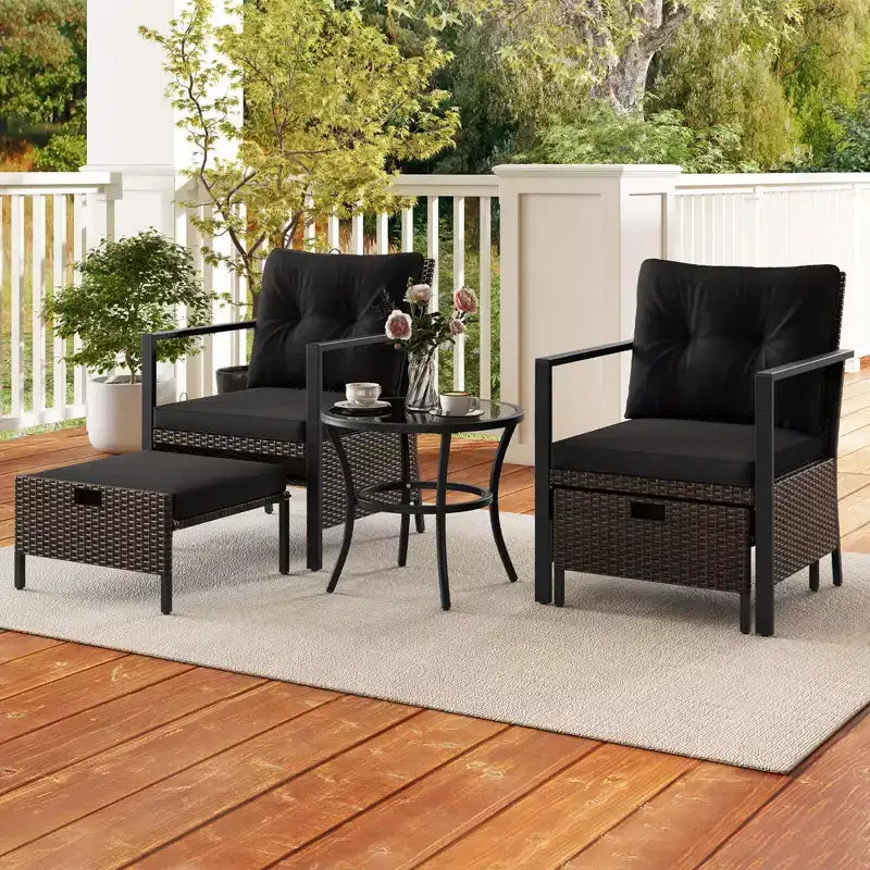 Costway 5 PCS Outdoor Furniture Set Rattan Chairs & Ottomans with Glass Topped Coffee Table Off White/Black/Navy/Gray