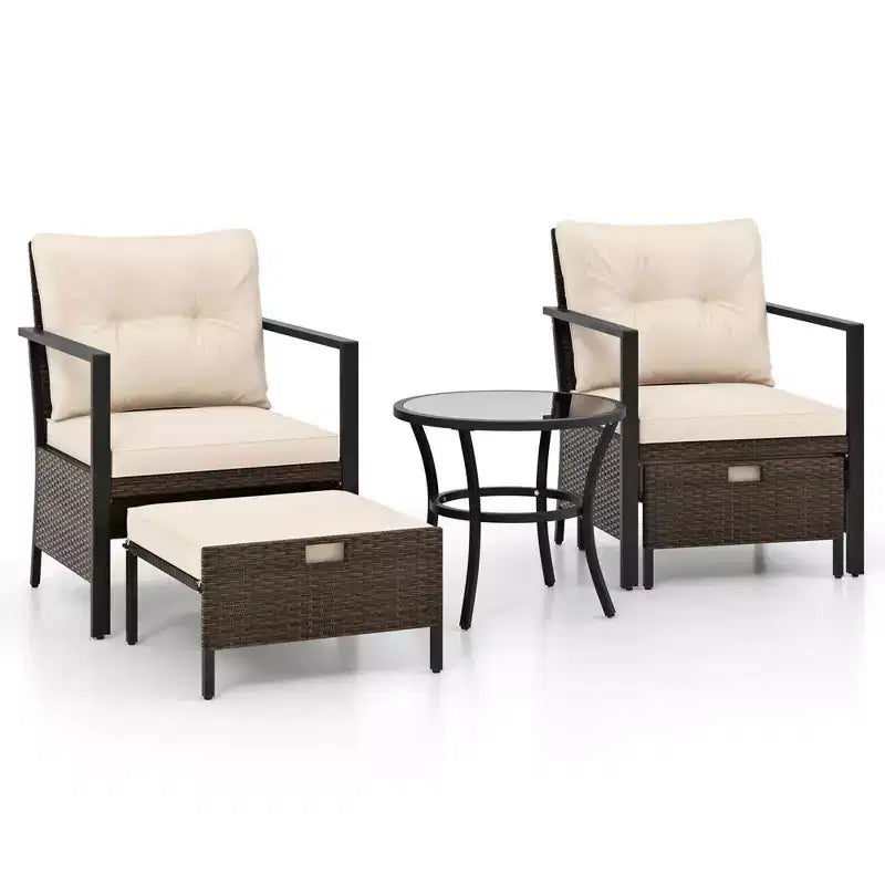 Costway 5 PCS Outdoor Furniture Set Rattan Chairs & Ottomans with Glass Topped Coffee Table Off White/Black/Navy/Gray