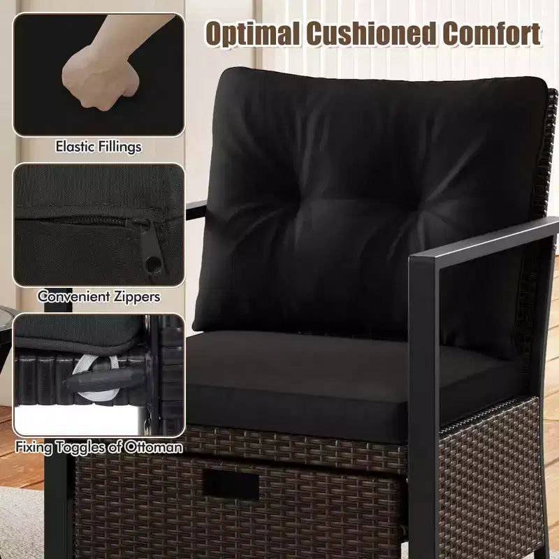 Costway 5 PCS Outdoor Furniture Set Rattan Chairs & Ottomans with Glass Topped Coffee Table Off White/Black/Navy/Gray