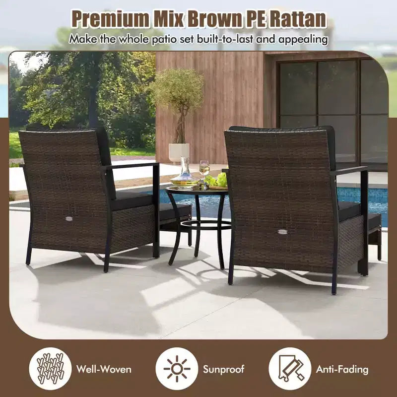 Costway 5 PCS Outdoor Furniture Set Rattan Chairs & Ottomans with Glass Topped Coffee Table Off White/Black/Navy/Gray