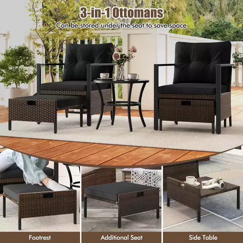 Costway 5 PCS Outdoor Furniture Set Rattan Chairs & Ottomans with Glass Topped Coffee Table Off White/Black/Navy/Gray