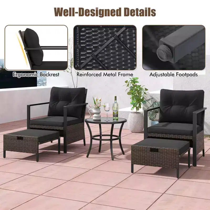 Costway 5 PCS Outdoor Furniture Set Rattan Chairs & Ottomans with Glass Topped Coffee Table Off White/Black/Navy/Gray
