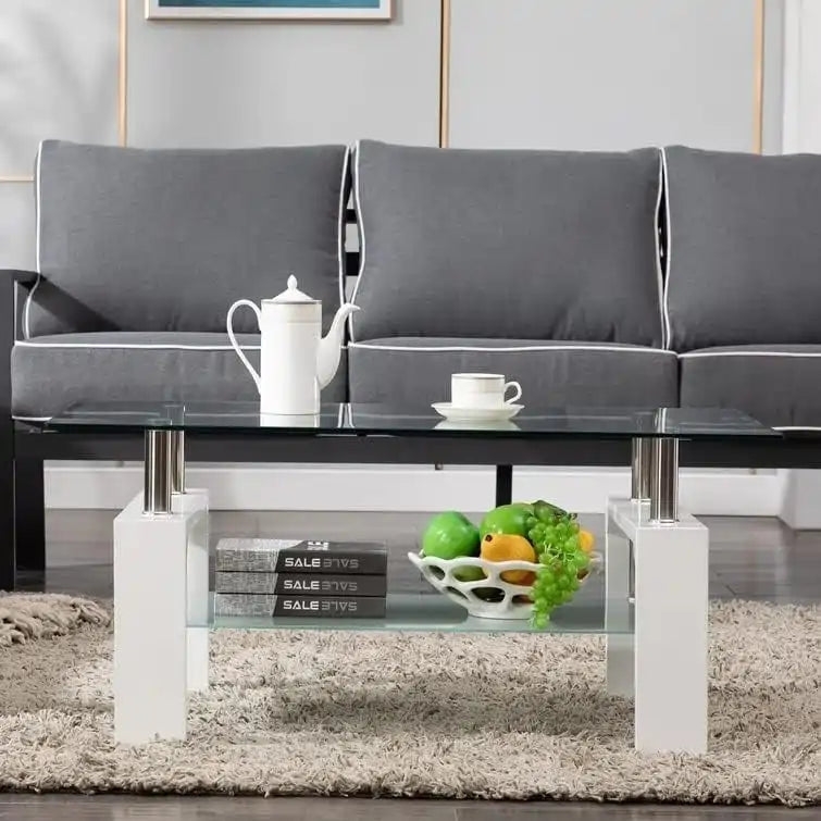 Rechteckiger Couchtisch mit Glasplatte und Ablageboden
