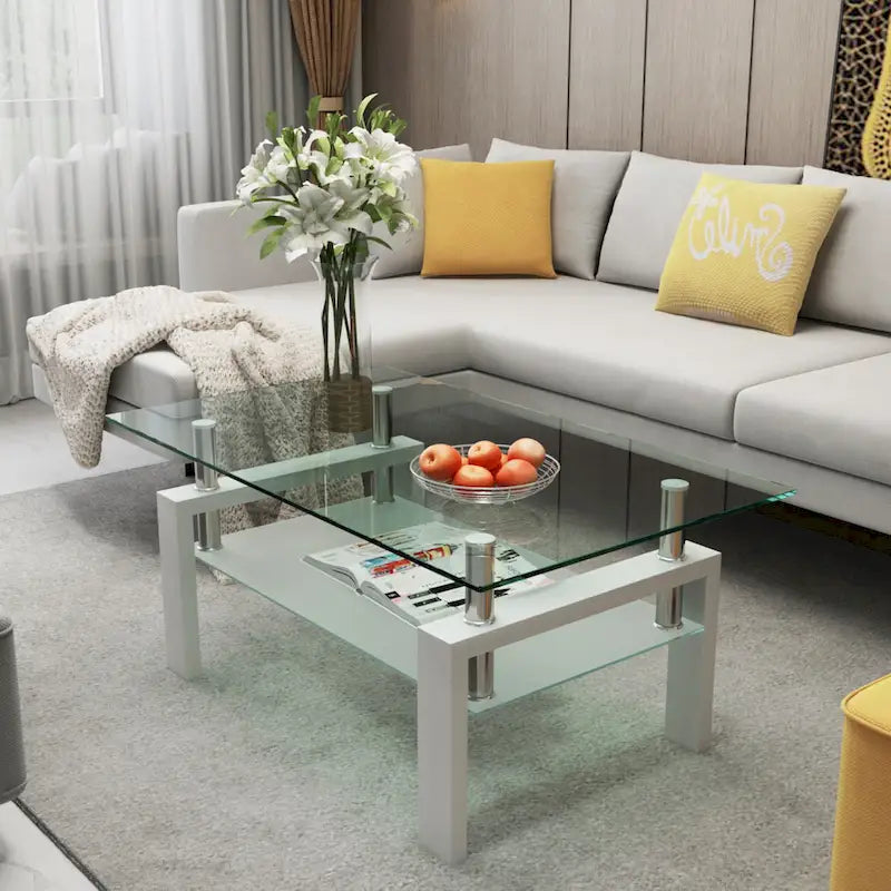 Rechteckiger Couchtisch mit Glasplatte und Ablageboden
