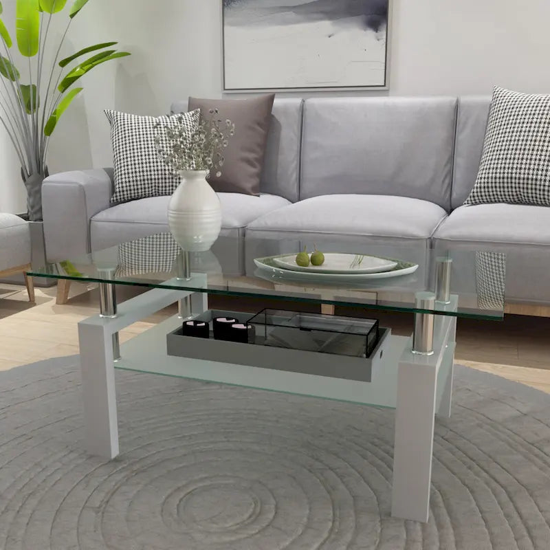 Rechteckiger Couchtisch mit Glasplatte und Ablageboden