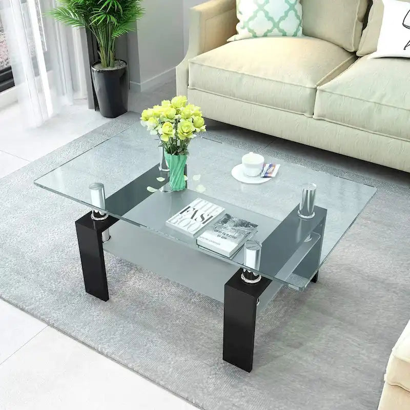 Rechteckiger Couchtisch mit Glasplatte und Ablageboden