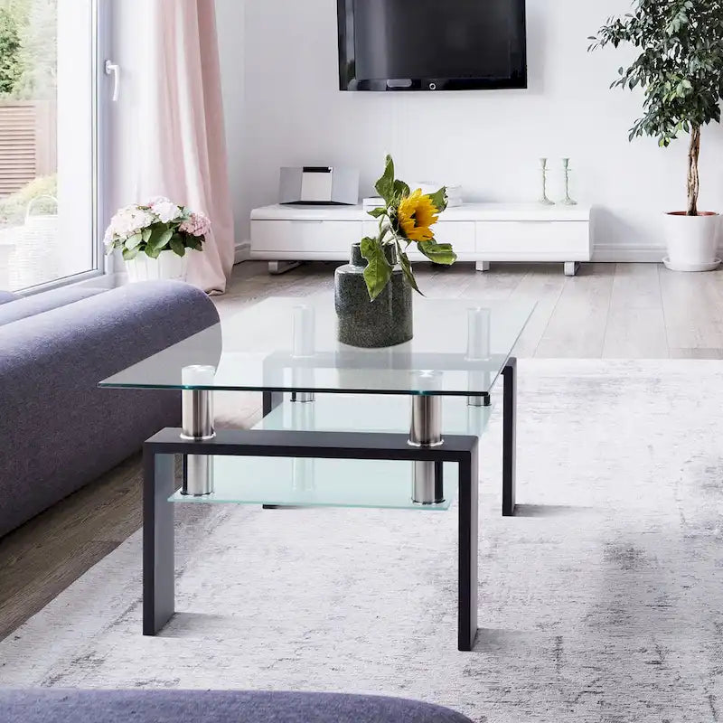Rechteckiger Couchtisch mit Glasplatte und Ablageboden