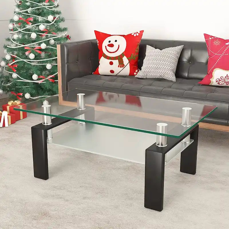Rechteckiger Couchtisch mit Glasplatte und Ablageboden