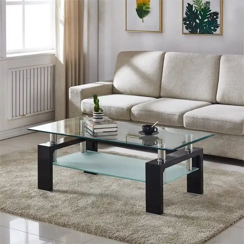 Rechteckiger Couchtisch mit Glasplatte und Ablageboden