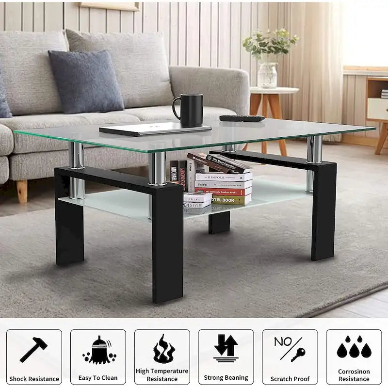 Rechteckiger Couchtisch mit Glasplatte und Ablageboden