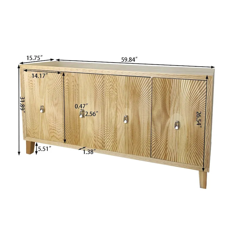 Vintage 4-türiges geschnitztes Sideboard-Buffetschrank mit verstellbaren Einlegeböden