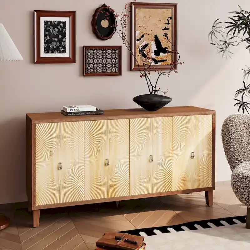 Vintage 4-türiges geschnitztes Sideboard-Buffetschrank mit verstellbaren Einlegeböden
