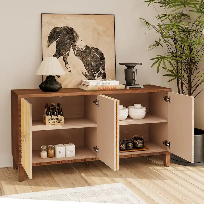 Vintage 4-türiges geschnitztes Sideboard-Buffetschrank mit verstellbaren Einlegeböden