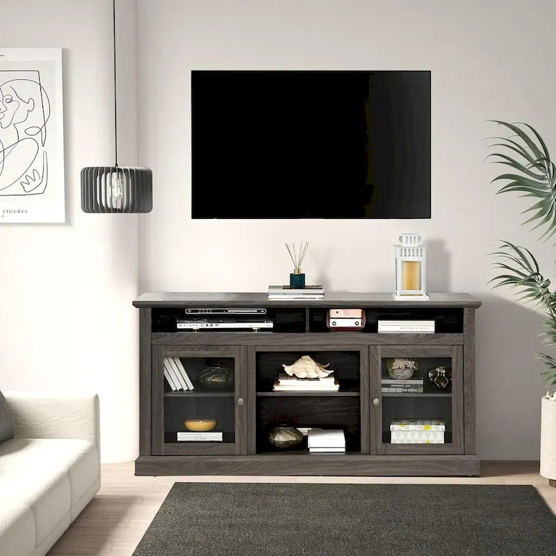Zeitgenössischer TV-Ständer, Moderne Entertainment-Konsole, Für TVs bis 65 Zoll, Offener und geschlossener Stauraum