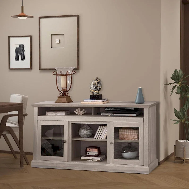 Zeitgenössischer TV-Ständer, Moderne Entertainment-Konsole, Für TVs bis 65 Zoll, Offener und geschlossener Stauraum