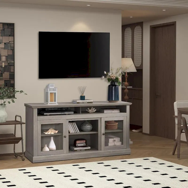 Zeitgenössischer TV-Ständer, Moderne Entertainment-Konsole, Für TVs bis 65 Zoll, Offener und geschlossener Stauraum