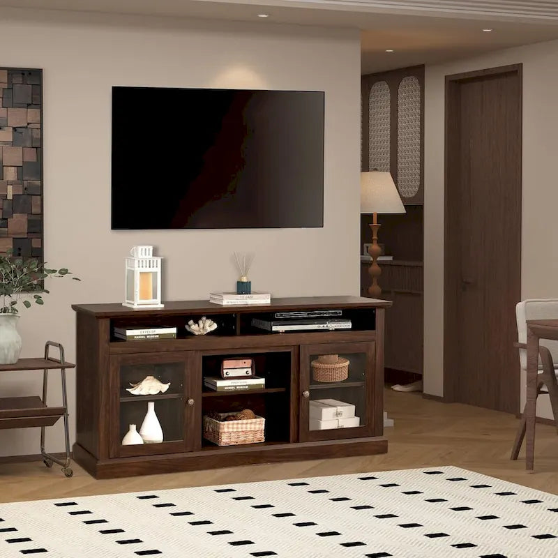 Zeitgenössischer TV-Ständer, Moderne Entertainment-Konsole, Für TVs bis 65 Zoll, Offener und geschlossener Stauraum