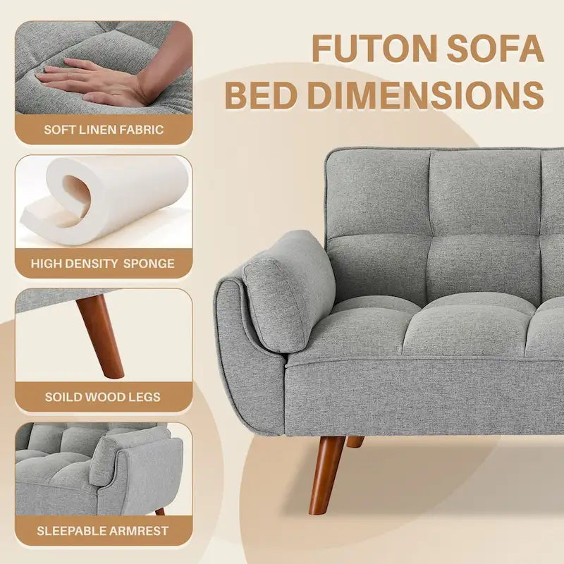 75" Futon Schlafsofa, umwandelbares Klappsofa mit 2 Kissen