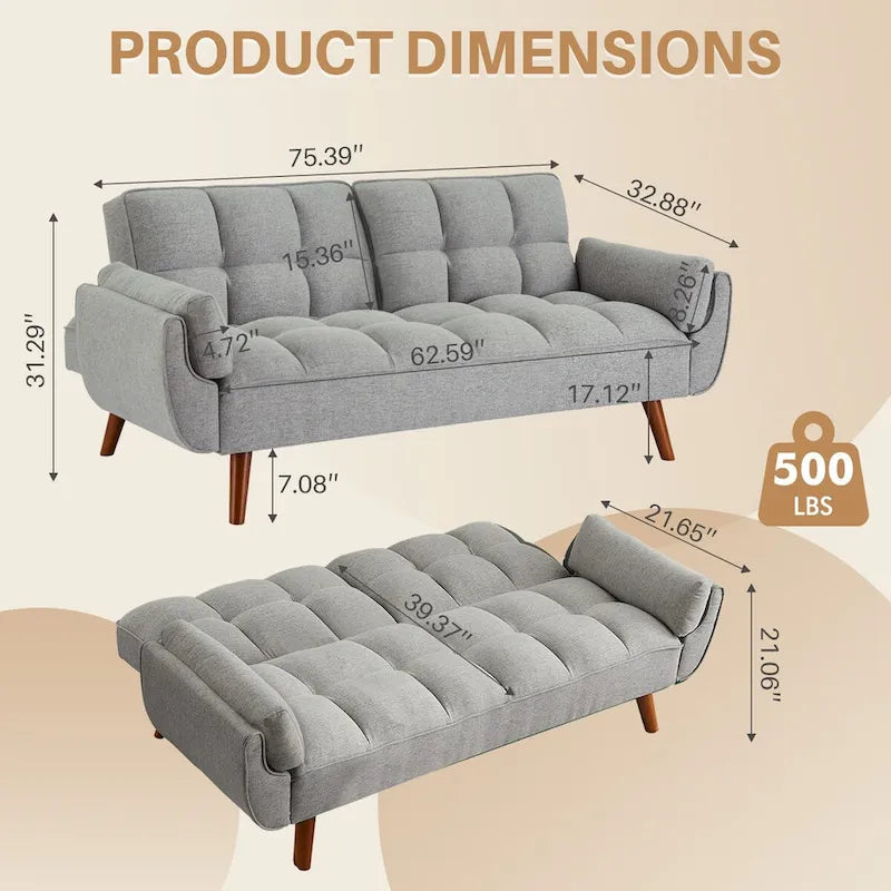 75" Futon Schlafsofa, umwandelbares Klappsofa mit 2 Kissen