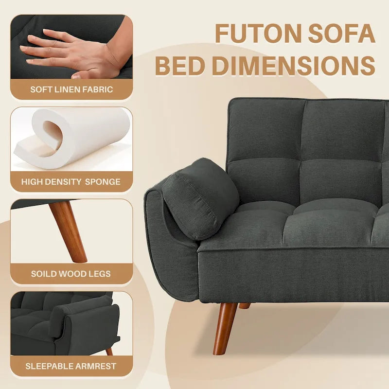 75" Futon Schlafsofa, umwandelbares Klappsofa mit 2 Kissen