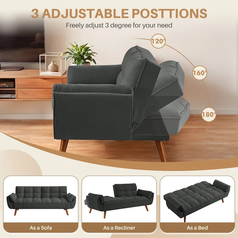 75" Futon Schlafsofa, umwandelbares Klappsofa mit 2 Kissen