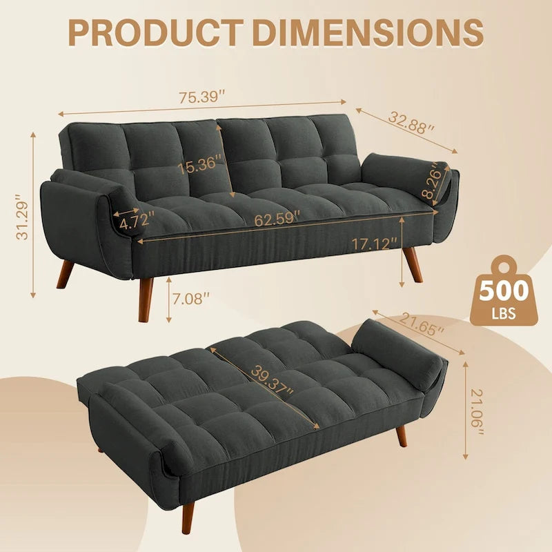75" Futon Schlafsofa, umwandelbares Klappsofa mit 2 Kissen
