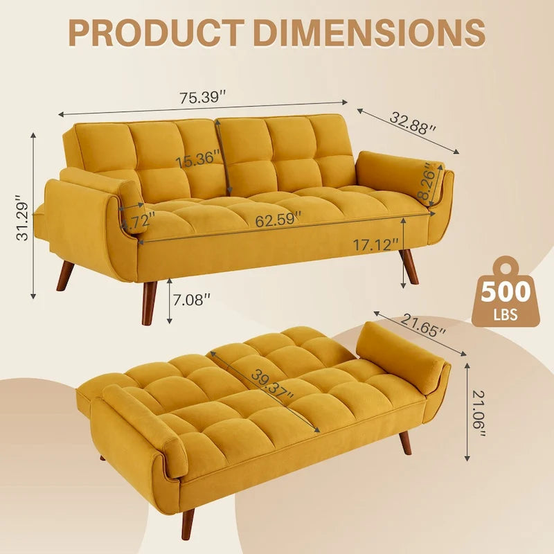 75" Futon Schlafsofa, umwandelbares Klappsofa mit 2 Kissen