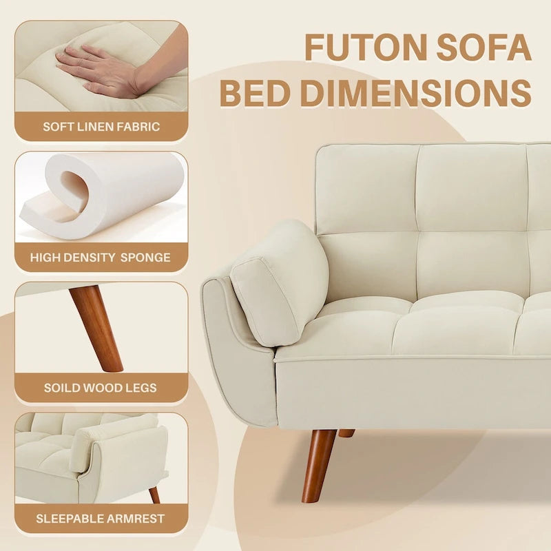 75" Futon Schlafsofa, umwandelbares Klappsofa mit 2 Kissen
