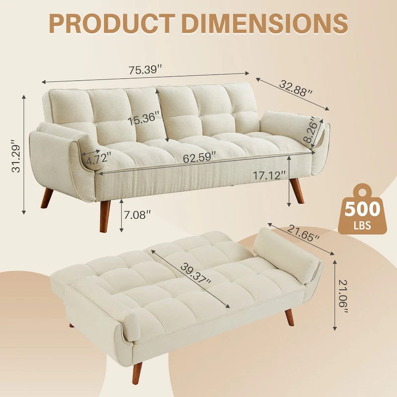 75" Futon Schlafsofa, umwandelbares Klappsofa mit 2 Kissen
