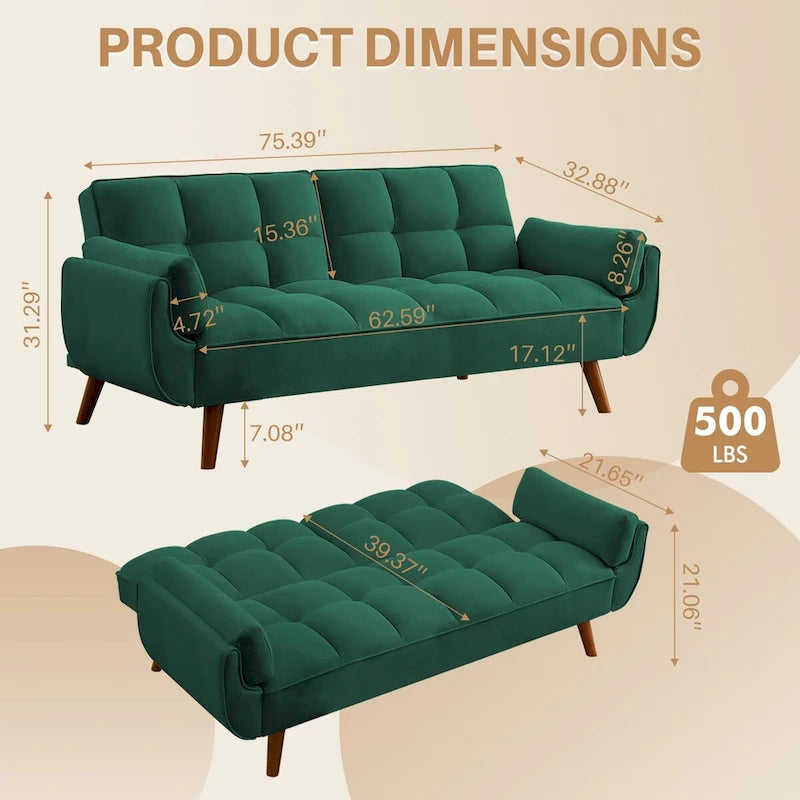 75" Futon Schlafsofa, umwandelbares Klappsofa mit 2 Kissen